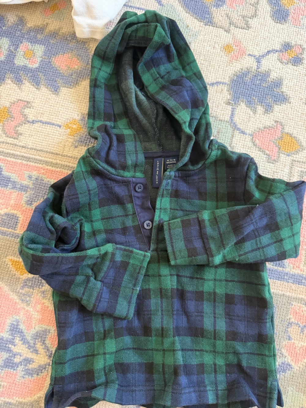 Janie and Jack Green and Navy Plaid Hooded Button Shirt